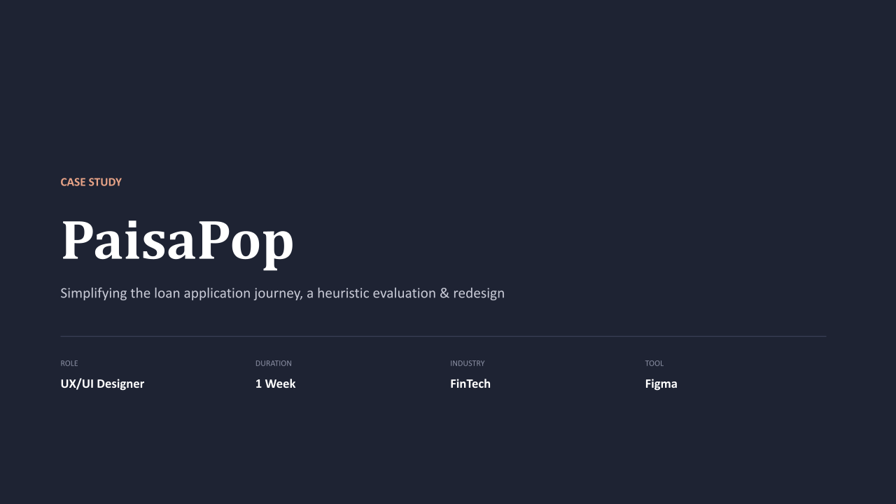 PaisaPop case study cover — a dark title card reading PaisaPop with role, duration, industry, and tool details