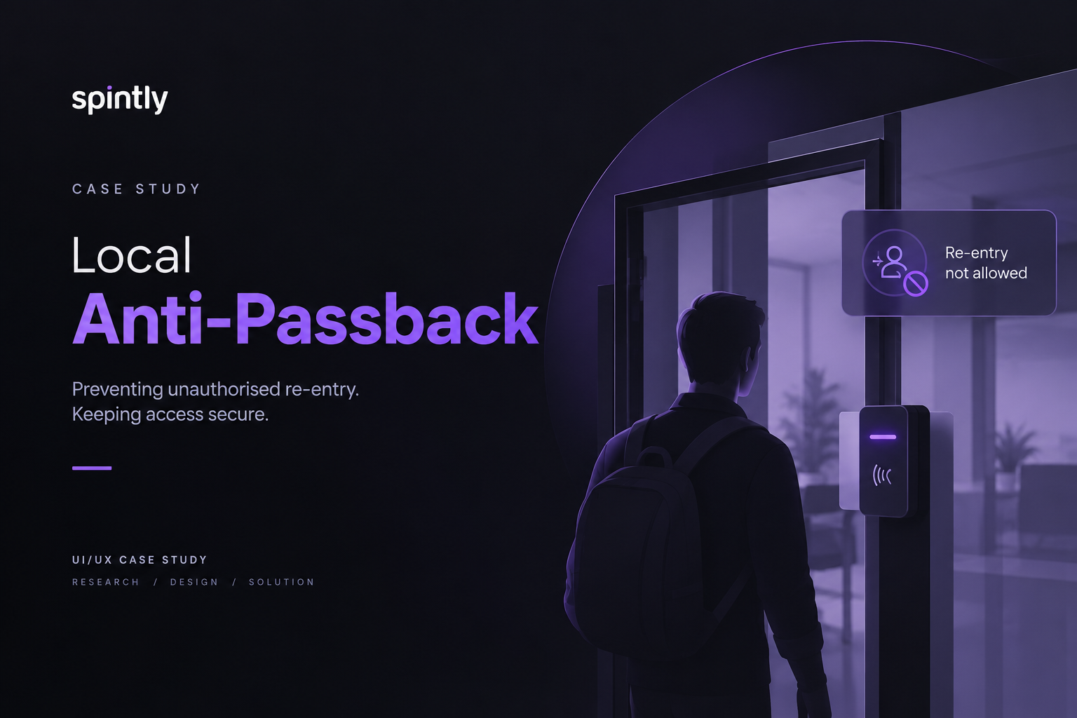 Local Anti-Passback case study cover — title, tagline, and an illustration of a person approaching a door reader showing a Re-entry not allowed notice